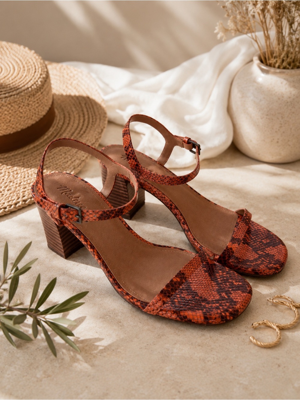 Madewell HollyANKLE STRAP SNAKE EMBOSSED LEATHER SWEET TULIP SANDALS SIZE 8 NWT